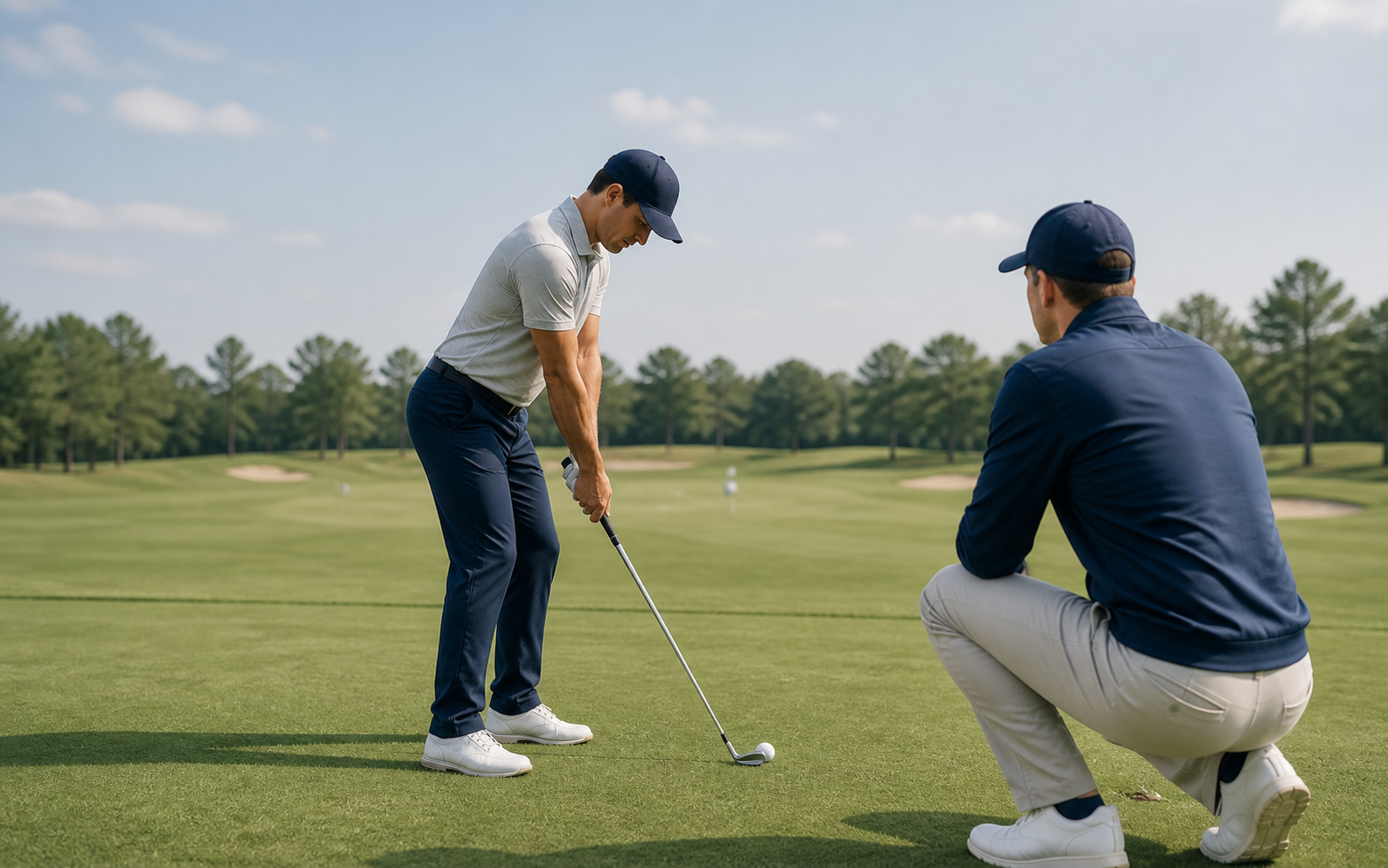 A golf coach observing a player practising at address on the course