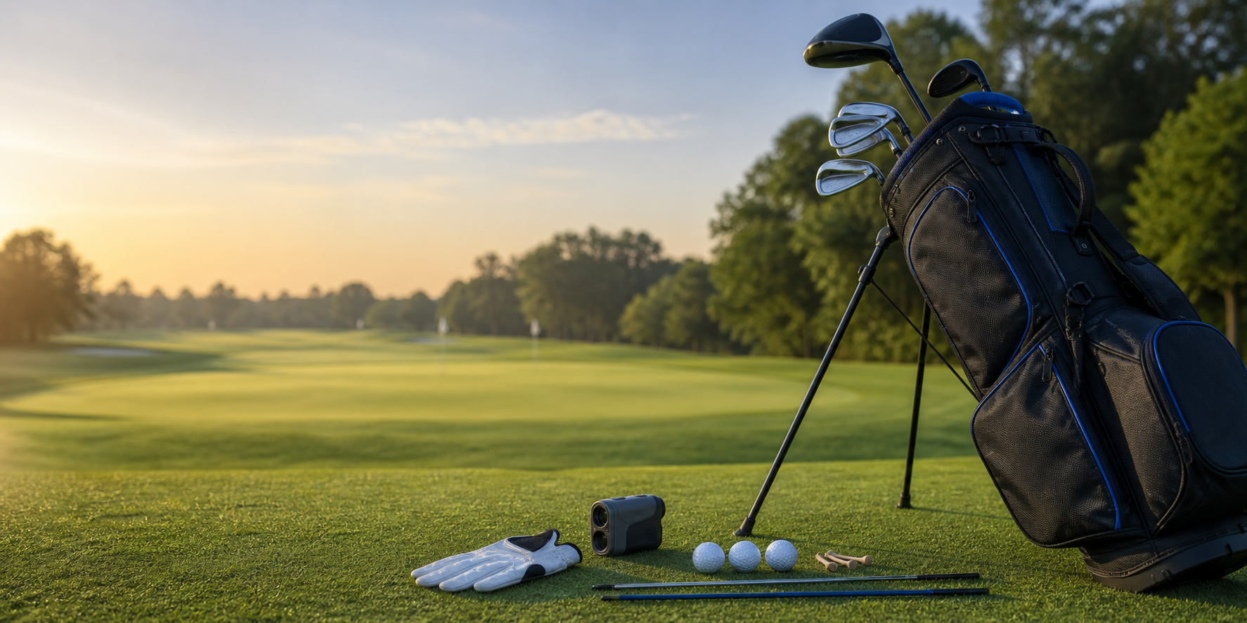 Golf bag, clubs, balls, glove, alignment sticks, and rangefinder on a golf practice range